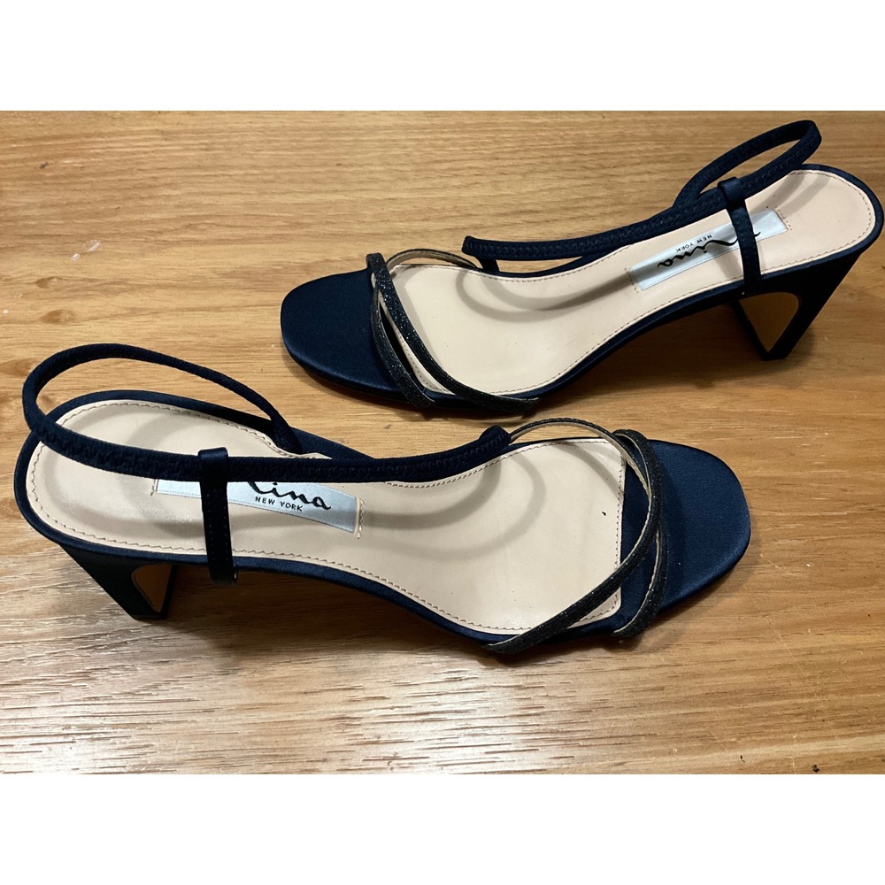 Nina New York Navy Blue Satin Strappy Slingback Block Heel Sandals Womens 7.5M